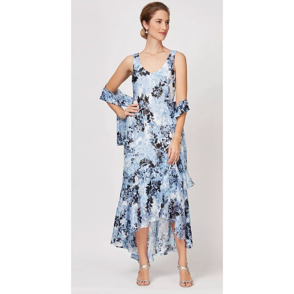 Alex Evenings Tulip Midi Dress Sz 6 Blue w/ Shawl Wedding Guest Mother of Bride